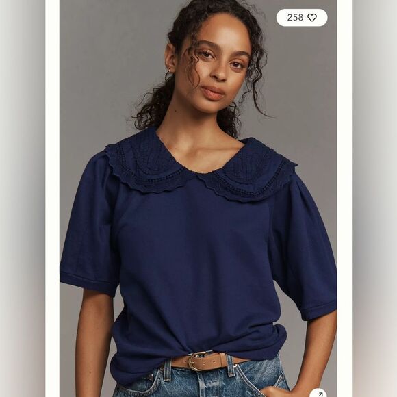 Anthropologie Maeve Short-Sleeve Embellished-Collar Top Size S Blue Peter Pan - Picture 1 of 5